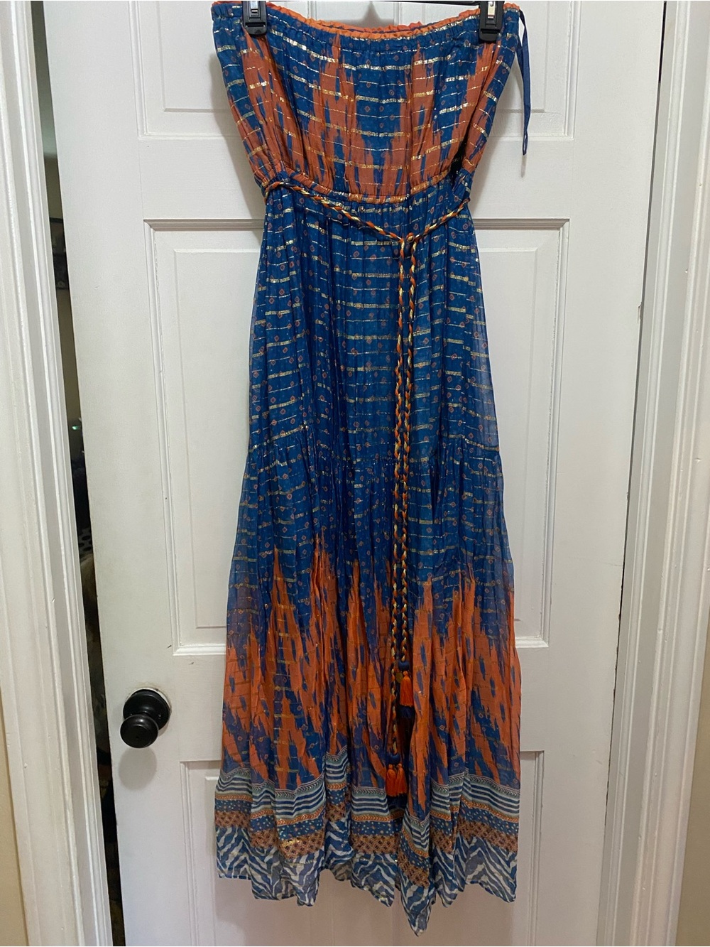 Strapless Blue and Orange Maxi Dress with Braided Waist Tie